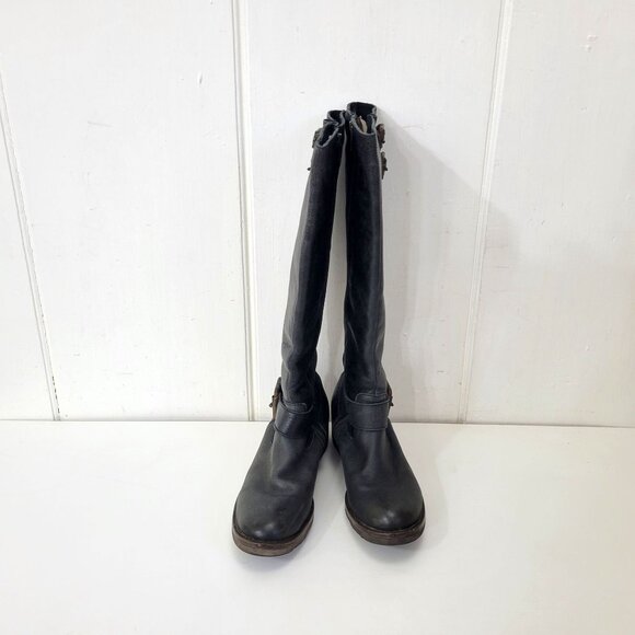 Circle G Distressed Black Leather Knee-High Boots With Buckle Detail & Stacked H - Picture 3 of 11